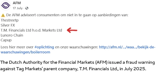 AFM-inlägg 17 juli som namnger T.M. Financials Ltd