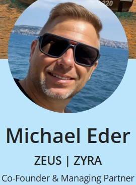 Kort där Michael Eder kallar sig co-founder för Zeus och Zyra